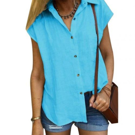 Women Shirt Casual Sexy Blouses Solid Color Turn Down Collar Short Sleeve Buttons Pocket Shirt Top Primer Tops Slim-Fit Shirt