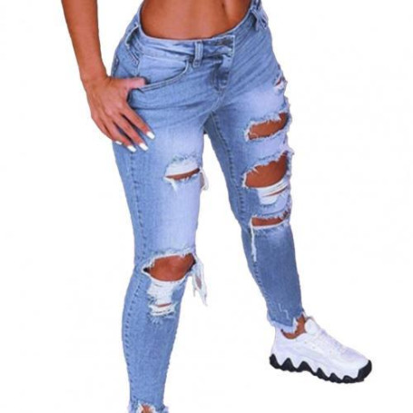 Fashion Ripped Hole Stretch Jean Full Length Pencil Pants Women Jeans Low Waist Lift Skinny Denim Pencil Pants Trousers for Work