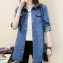 Classic Solid Long Sleeve Mid-length Denim Shirt For Women Rip Curl Cuff Blue Slim Blouse Office Work Lady Spring Jean Coat