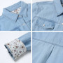 Classic Solid Long Sleeve Mid-length Denim Shirt For Women Rip Curl Cuff Blue Slim Blouse Office Work Lady Spring Jean Coat