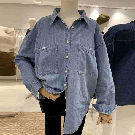 Casual Loose Women's Denim Shirts Spring Korean Fashion Dark Blue Jean Blouse Long Sleeve Classic Blusas Mujer De Moda