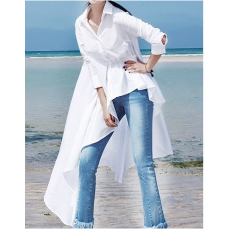 ASYMSAY Korean Style Irregular Long Shirt Blouse Fashion White Black Loose Coattail Hem Fit Solid Women Tops AZ9350