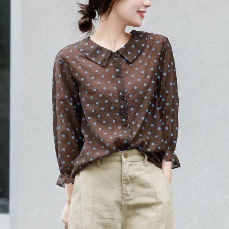 Spring Autumn New Korea Fashion Women 3/4 Sleeve Polka Dot Print Loose Shirts Sweet Cute Peter Pan Collar Blouses Tops V56