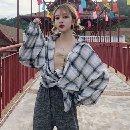Women Shirts Plaid Thin Casual Sun-protect Loose Lantern Sleeve Fashion Simple Korean Chic All-match Tops Camisas Mujer Ulzzang