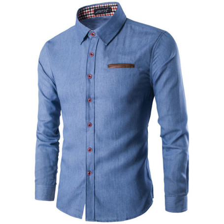 Men's Fashion Denim Dress Shirt Solid Color Long Sleeve Slim Fit Button Down Casual Top Male Luxury Formal Shirts