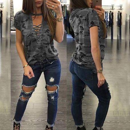 Camouflage Print Women Long Sleeve Slim Top Fashion V-Neck Lace-up Ladies Sexy Tee shirt Femme Army Style Casual Blouse elegant