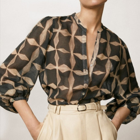 za blouse women Summer thin shirt women's perspective cotton linen printed shirts long sleeve round neck female tops  XW1213