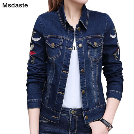 Jeans Jackets Women  Autumn Flower Embroidery Vintage Female Long Sleeve Casual Coats and Top Woman Blue Short Denim Jackets