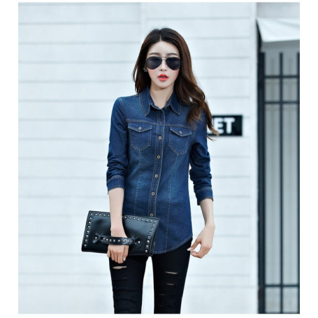 Jeans Shirt wome Long Sleeve Slim Casual Vintage Elastic Ladies Denim Shirts Tops Blusas Feminina Woman Blouses and Tops