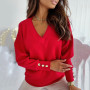 Women's sweater Autumn Solid Color Deep V Neck Pocket Single-breasted Long Sleeve Pullover Knitted Cardigan Tops Oversized