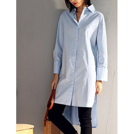 Long Blouse Women Casual Irregular Hem Full Long Sleeve Drop Shoulder Loose Cotton White Tops Female Brief Blue Shirts