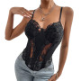 Xingqing Summer Women Corset Top See Through Sleeveless Lace Camisole Black Floral Embroidery Splicing Camis Tanks Clubwear