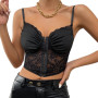 Xingqing Sexy Women Bodycon Crop Tops 2023 Black Lace Hem Pleated Cropped Tank Tops See Through Clothes for Summer Clubwear