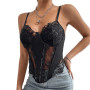 Xingqing Summer Women Corset Top See Through Sleeveless Lace Camisole Black Floral Embroidery Splicing Camis Tanks Clubwear