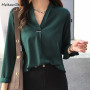 4XL Women Chiffon Blouse Shirt  Elegant V-Neck Long Sleeve Solid Blouses Plus Size Korean Ladies Office Tops