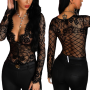 Women Black sexy Lace Bodysuits Transparent Long sleeve deep V-neck Jumpsuit Femme Elegant Tops