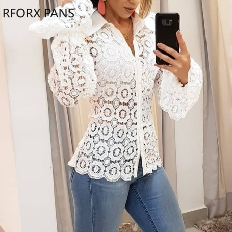Women Ruffled Lace Guipure Lace Hollow Out Bell Sleeve Shirt Women Blouse