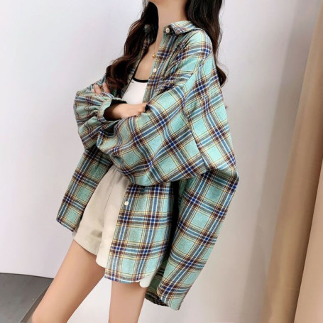 Shirts Women Solid Plaid Chic Outwear Loose 2XL Oversize Chic Womens Korean Style Sweet All-match Elegant Design Blouses Ulzzang