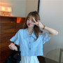 Blouse Korean Style Retro Shirt Style Elegant Crop Puff Sleeve Shirt Short Top Striped