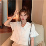 Blouse Korean Style Retro Shirt Style Elegant Crop Puff Sleeve Shirt Short Top Striped