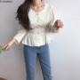 Fall Autumn Design Chic Tops Korea Japan Style Slim Waist Bow Ribbon Lace-Up Peplum Blouse Single Breasted Dot Shirts