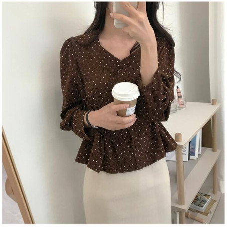 Fall Autumn Design Chic Tops Korea Japan Style Slim Waist Bow Ribbon Lace-Up Peplum Blouse Single Breasted Dot Shirts