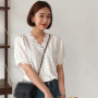 Summer Women Lace Hollow Out Blouse V-Neck Casual Short Sleeve Blouse Sweet Loose Solid Shirt Female Tops