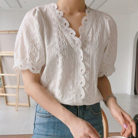 Summer Women Lace Hollow Out Blouse V-Neck Casual Short Sleeve Blouse Sweet Loose Solid Shirt Female Tops