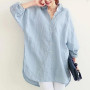 Womens Loose Blouse Shirts Blusas Holidays Spring Summer Long Turning Sleeve Tops and Blouses Casual Linen Blue Beach Women