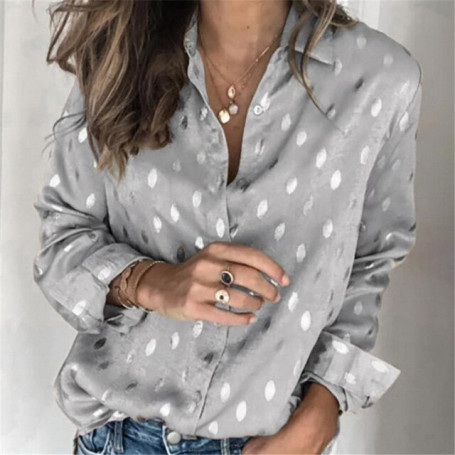 Women Dot Print Formal Luxury Champagne Blouses Office Lady Shirt And Blouses Lapel Neck Button Polka Dots Print Slim Shirt