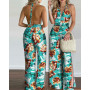 Women Floral Print Long Jumpsuits Summer Sleeveless Deep V-neck Backless Halter Loose Jumpsuit For Holiday Club picnic