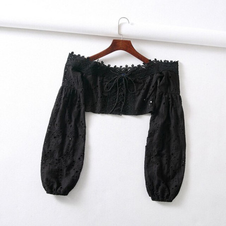 Herstory women sexy lace hollow out short blouse floral lace up slash neck shirts lantern sleeve clubwear blusas