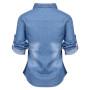 Casual Womens Pockets Blue Loose Jean Soft Denim Blouse Jumper V-neck Long Sleeve Shirts Tops Blouses Sunsuit Clothes Outwear