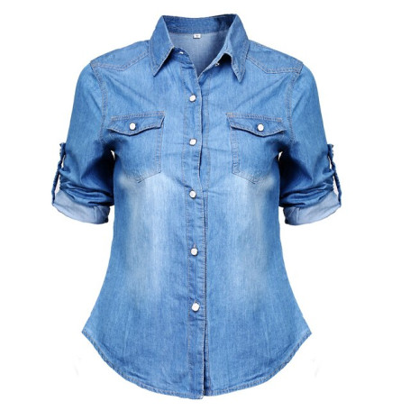 Casual Womens Pockets Blue Loose Jean Soft Denim Blouse Jumper V-neck Long Sleeve Shirts Tops Blouses Sunsuit Clothes Outwear