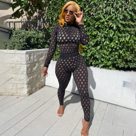 Fishnet Hollow Out Holes Women's Set Tracksuits Long Sleeve T-shirt Tops High Waist Pants Leggings Women Casual Clothes Sets