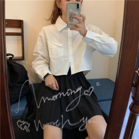 Shirts Women White Crop Top Fashion Long Sleeve Spring All-match Vintage Simple Korean Leisure Pocket Students Cloth Femme Chic