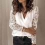 Women Fashion Elegant Shirts Loose Casual Solid Color Office Ladies Tops Hollow Out Lace Long Sleeve V-neck Blouse Plus Size 5XL