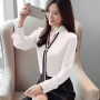 Shirts Women Korean Chiffon Blouses V-neck Long Sleeve Formal Patchwork Tops Wear To Work Femme Blusas White Red Mujer Blusas
