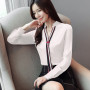 Shirts Women Korean Chiffon Blouses V-neck Long Sleeve Formal Patchwork Tops Wear To Work Femme Blusas White Red Mujer Blusas