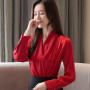 V-Neck Artificial Silk Blouses Women Wear to Work Chiffon Shirts S-XXL Femme Blusas White Red Black Pink Ladies Satin Tops