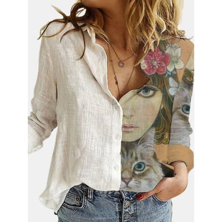 Loose Retro Portrait Cute Cat Printing Women's Shirt Casual Button Cardigan Autumn Hot Style Ladies Blouse Tees Ropa De Mujer