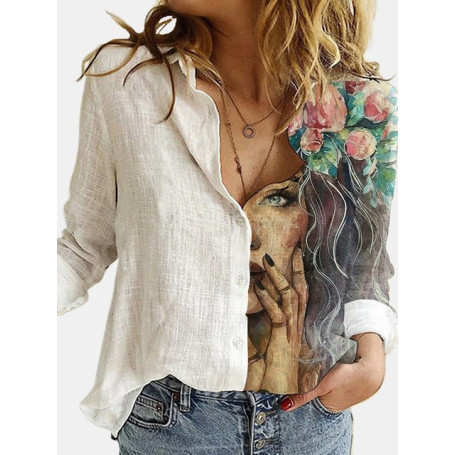Loose Retro Digital Portrait Printing Women's Shirt Casual Button Cardigan Autumn Hot Style Ladies Blouse Ropa De Mujer 2020