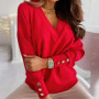 Sexy V-Neck Button Blouses Shirts Autumn Spring Elegant Long Sleeves Solid Tops Female Casual Vintage Fashion Slim
