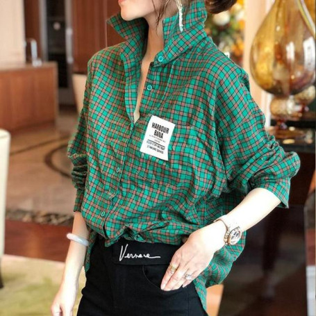 Spring Autumn Korea Fashion Women Long Sleeve Plaid Shirts All-matched Casual Turn-down Collar Loose Green Blouses S696