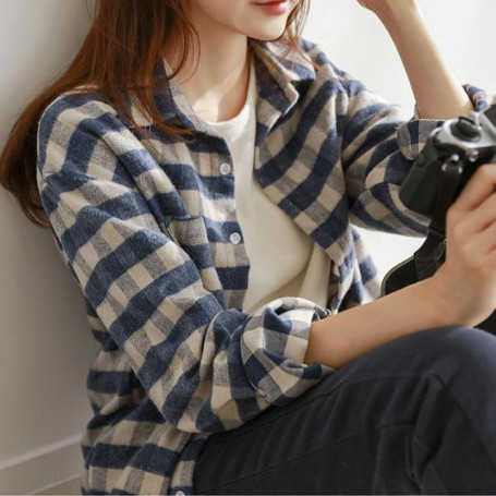 Spring Fashion Women Long Sleeve Shirt Preppy Style Turn-down Collar Loose Plaid Blouse Casual Ladies Tops D222