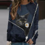 Kawaii Black Cat Zipper Print Women Blouse Shirts Casual Crew Neck Long Sleeve Lady Tee Plus Size Loose Aesthetic Pullover Tops