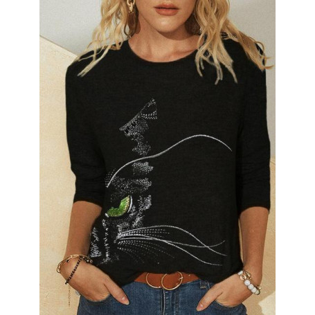 Women Blouse Top Cat Chasing The Moon Print shirt Plus Size 5XL Casual Black shirts Long Sleeve Funny Cartoon Tees Female