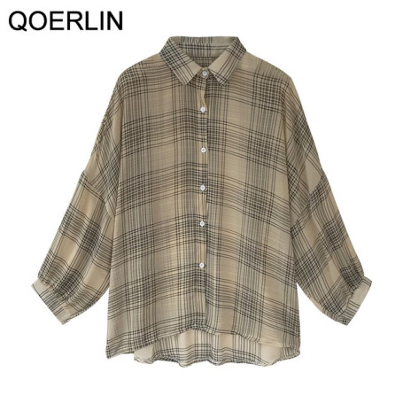 QOERLIN M-4XL See Through Sexy Plaid Shirt Women Summer Korean Loose Causal Sun Protection Jacket Blouse Coat Girly