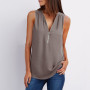 Fashion Women Zipper Solid V-Neck Summer Vest Shirt Loose Blouses Top Chiffon Shirt Casual Sleeveless Office Blouse NS4333