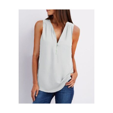 Fashion Women Zipper Solid V-Neck Summer Vest Shirt Loose Blouses Top Chiffon Shirt Casual Sleeveless Office Blouse NS4333